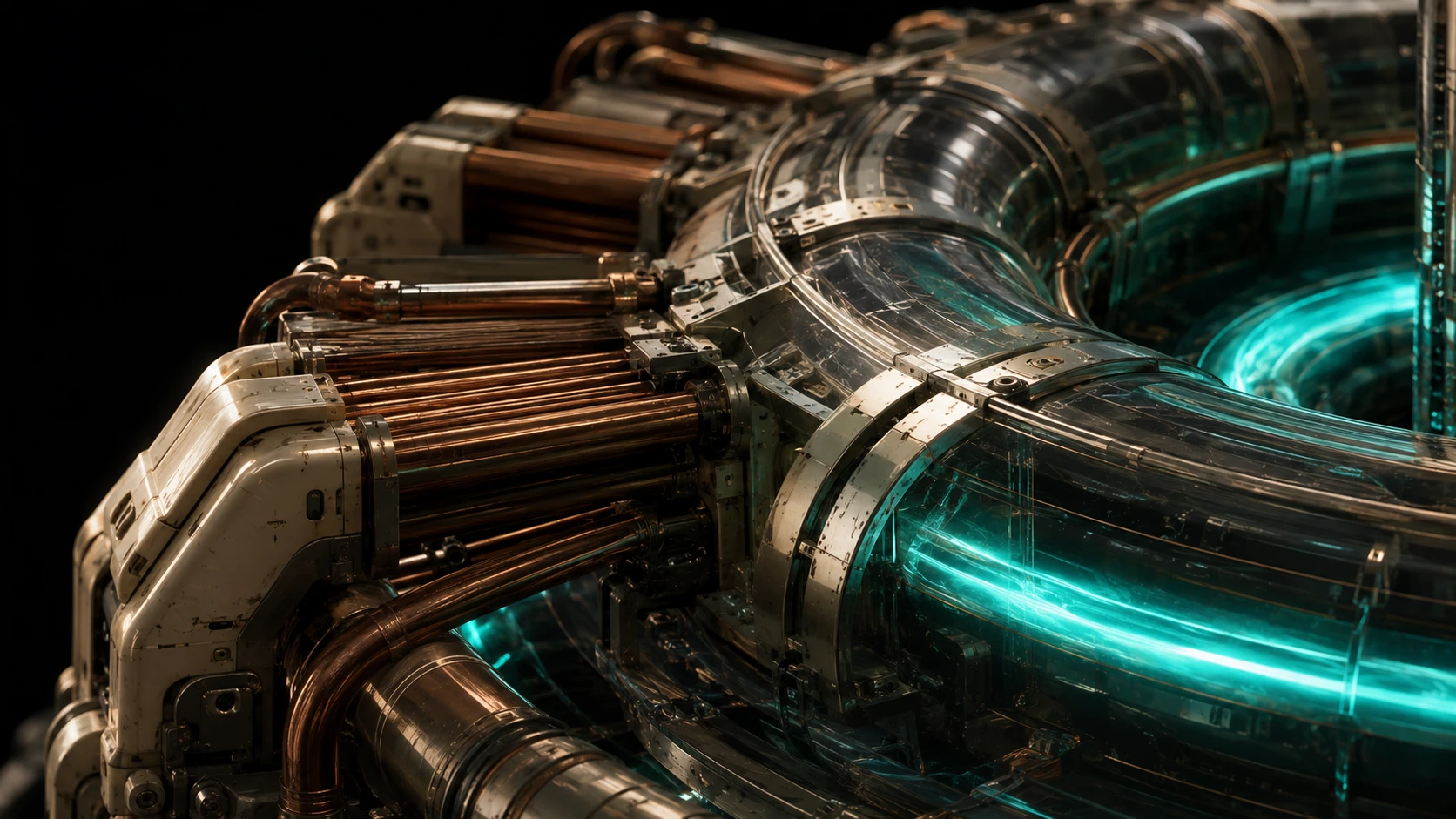 Close detail of copper magnetic coils, ceramic braces and the contained aqua plasma