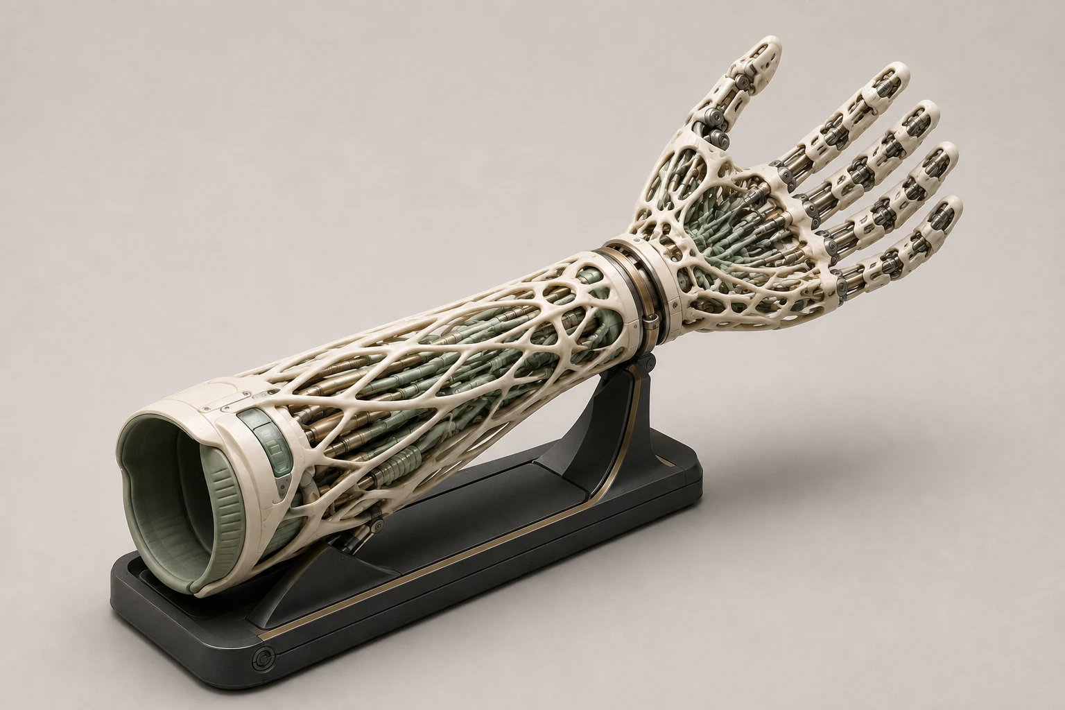 Palm-side view of the Lattice Prosthetics hand, showing its five articulated digits and inner tendons